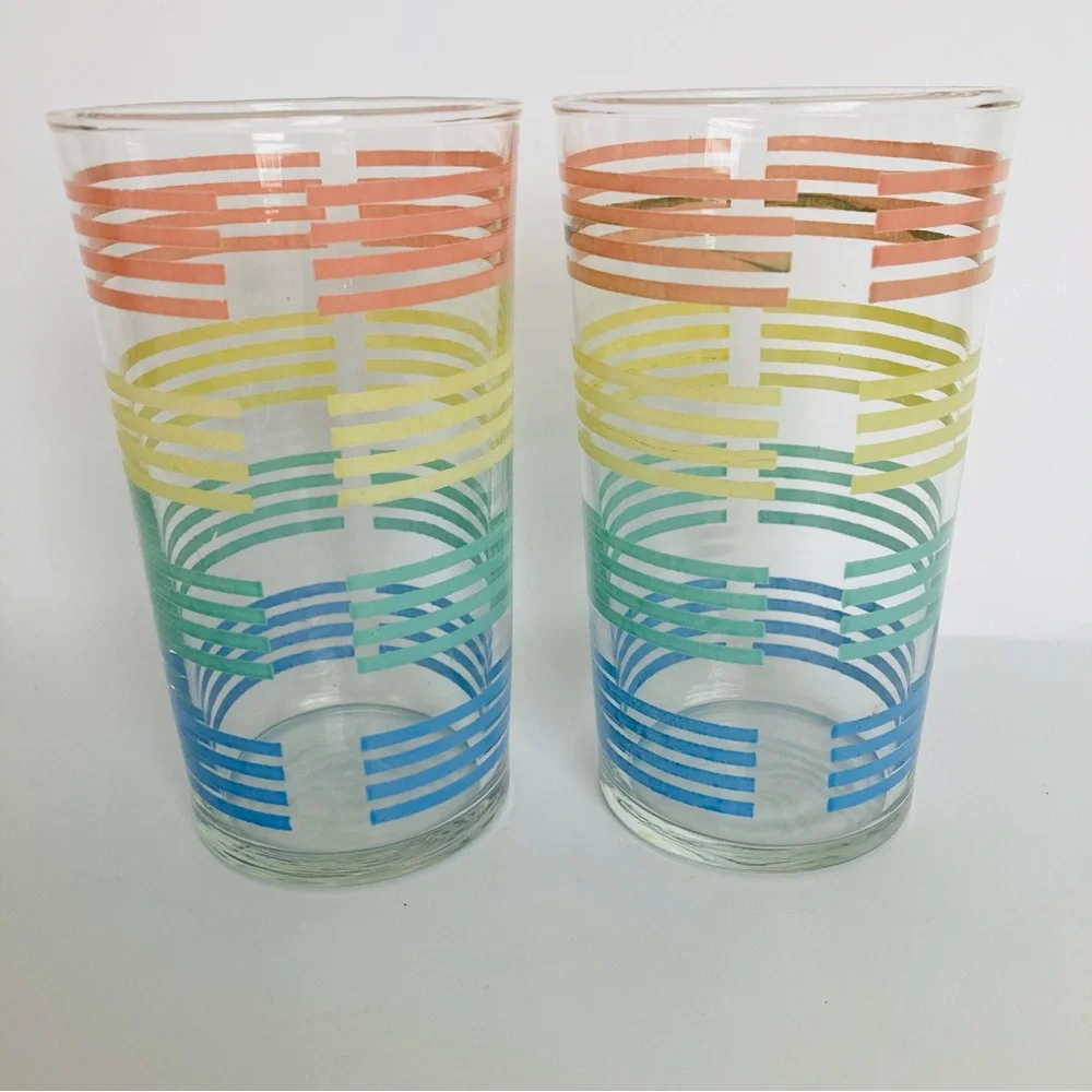 Pastel Striped Bands Tumbler Glasses Vintage MacBeth Evans? Petalware 4 1/2